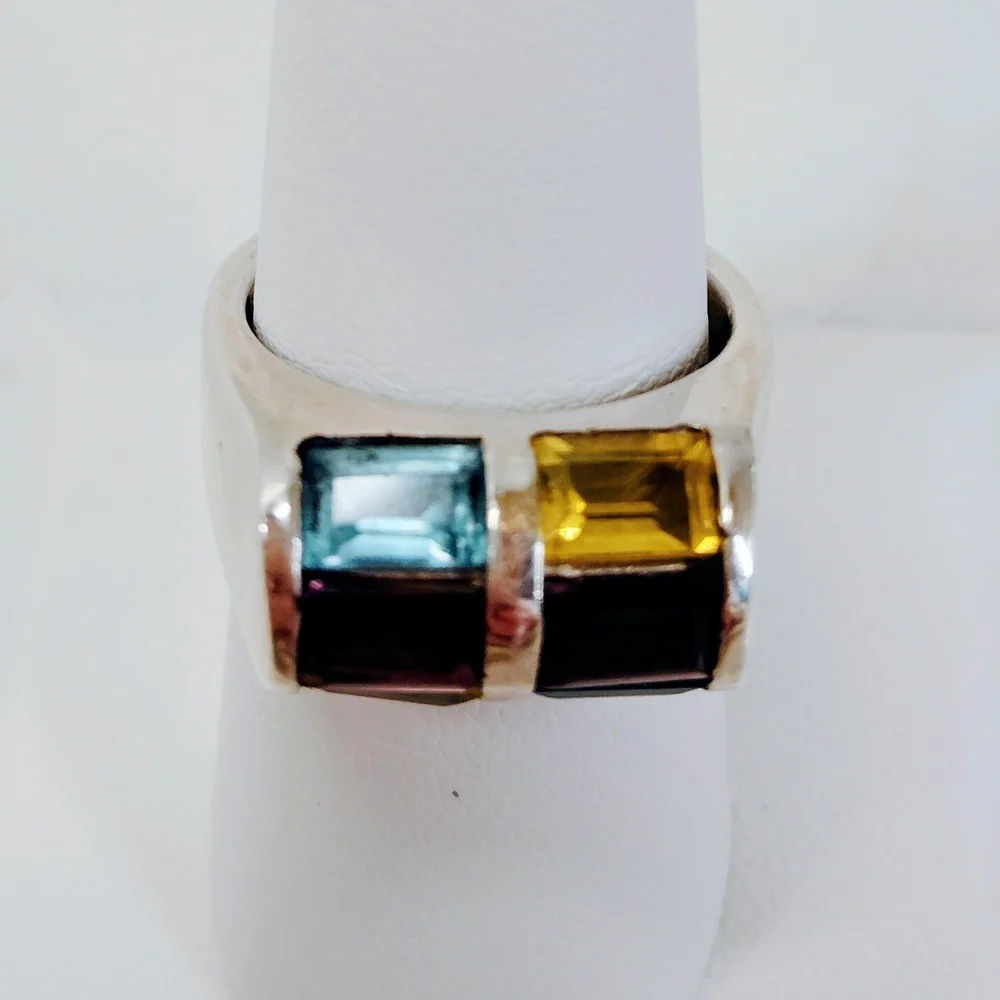 925 Sterling Ring with Amethyst Citrine And Sky Blue Topaz Gemstones